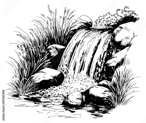 Hand drawn line art illustration of a waterfall with rocks and plants depicting water flowing naturally for nature and landscape designs