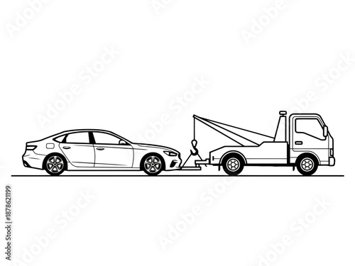 A black and white line drawing of a car being towed by a truck