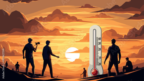 Silhouette climbers at sunset with dramatic clouds and thermometer graphic