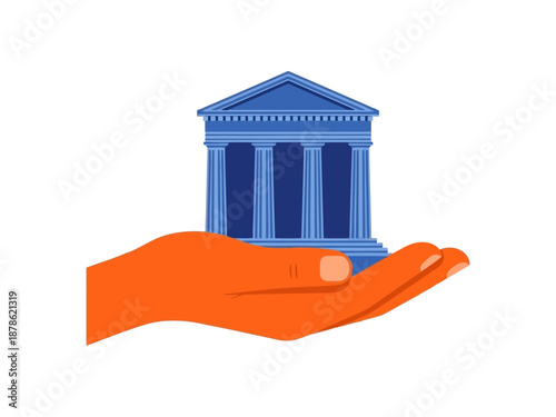 Hand holding a blue building representing protection and support