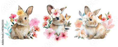 Set of watercolor bunny illustrations with spring flowers. Cute bunnies in different poses, perfect for nursery decor, greeting cards and children's projects. Vector illustration.