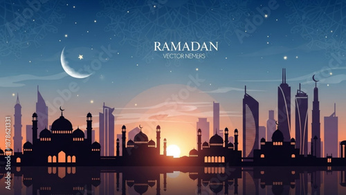Ramadan cityscape silhouette with crescent moon and stars Islamic architecture and modern skyscrapers at sunset vector illustration for greeting cards 