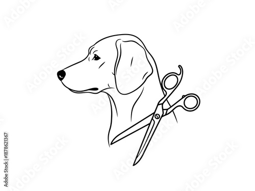 A black and white illustration of a dogs head with scissors around its neck