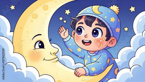 Cute cartoon boy in pajamas waving hello to a smiling moon surrounded by clouds and stars concept for bedtime stories and sweet dreams