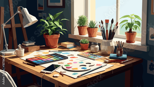 Cozy home art studio with natural light and painting supplies on wooden desk