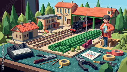 Crafting a miniature train set: enthusiast assembles detailed model railway in workshop