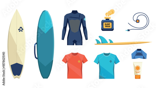 Essential surf gear collection with modern flat design elements for adventure enthusiasts