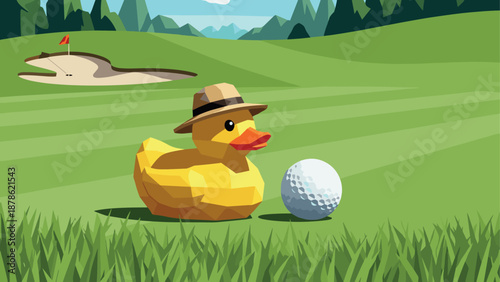 Low poly rubber duck with golf ball on scenic golf course