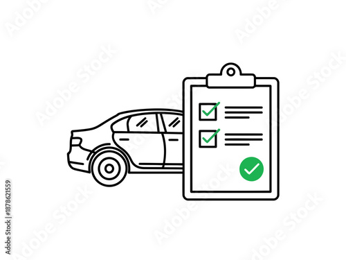 Line drawing of a car next to a clipboard with checkmarks