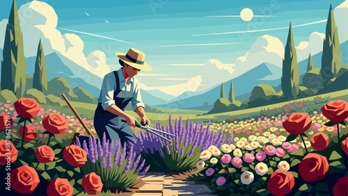 Gardener tending colorful flower beds in scenic countryside garden landscape