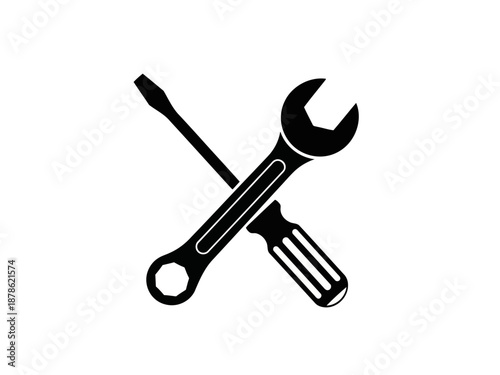 A black wrench and screwdriver crossed over each other in a simple style