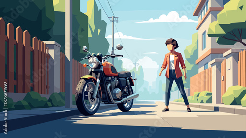 Character in urban scene with motorcycle and street view in modern design