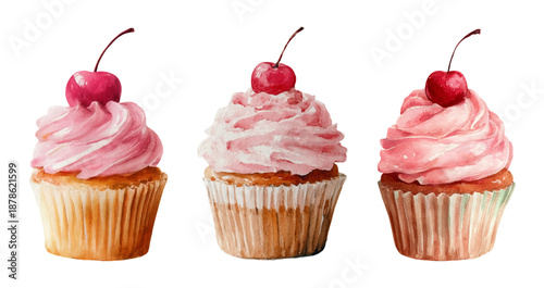 Sweet cupcakes collection in watercolor style. Vintage cake illustrations with cream, cherry and custard. Set of cute cupcakes for bakery menus, birthday invitations and dessert themes.
