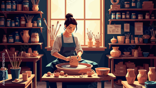 Serene pottery workshop: artisan crafting clay in rustic studio with natural light