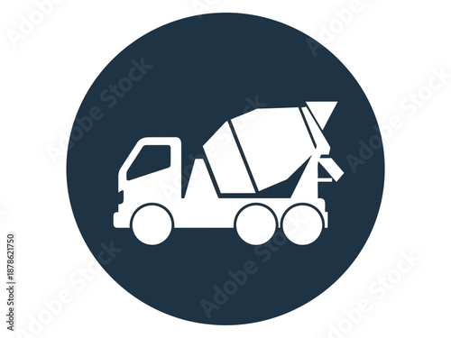 A white silhouette of a cement mixer truck on a dark blue circular background