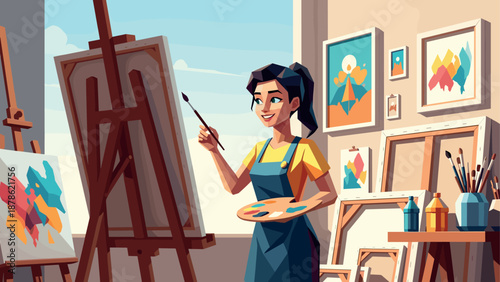 Artist painting in studio with colorful abstract art on easels and canvas