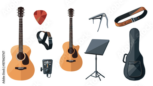 Acoustic guitar set with accessories in modern flat style for musical enthusiasts