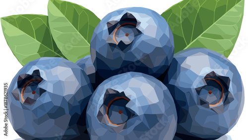 Geometric blueberries with leaves: vibrant low poly art