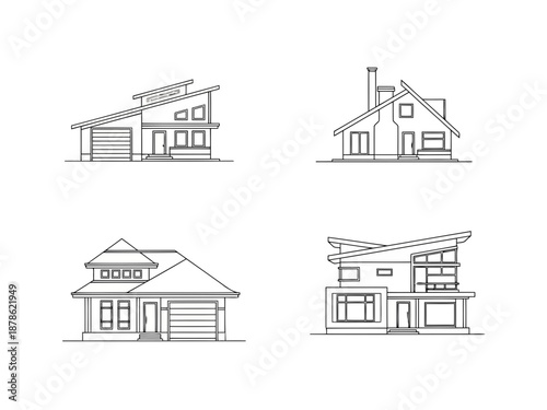 Four different views of a modern house with a garage and chimney