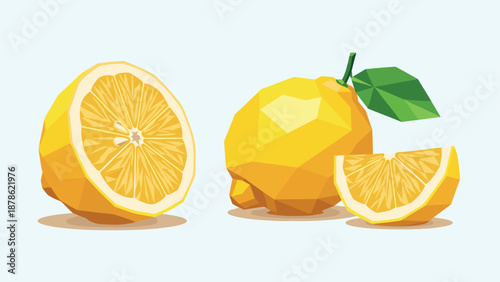 Colorful geometric lemon design with slices and leaves in vibrant low poly style