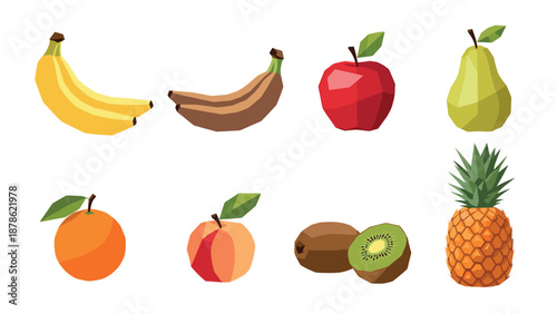 Geometric fruit collection: low-poly bananas, apple, pear, orange, peach, kiwi, and pineapple