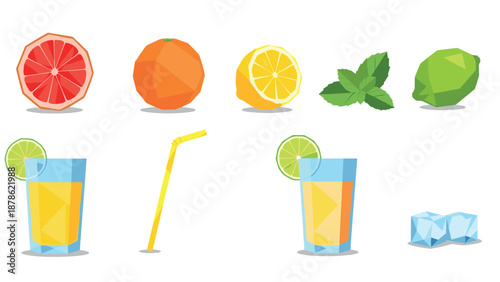 Geometric citrus collection with drinks, ice cubes, and mint leaves on white background