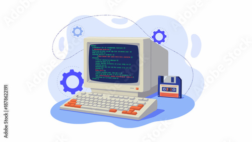 Computer illustration showcasing coding on a desktop computer screen with keyboard and diskette