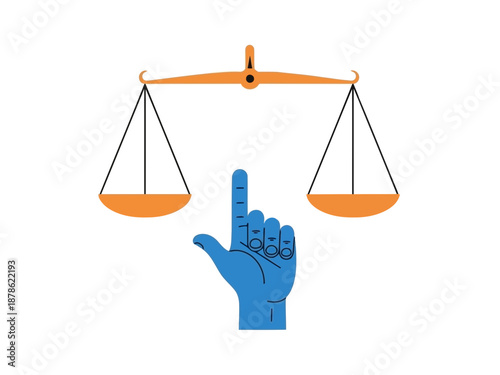 Hand pointing to scales of justice with orange and blue colors