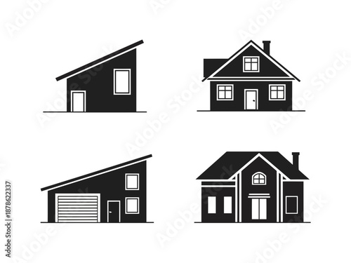Set of four house silhouettes in different views