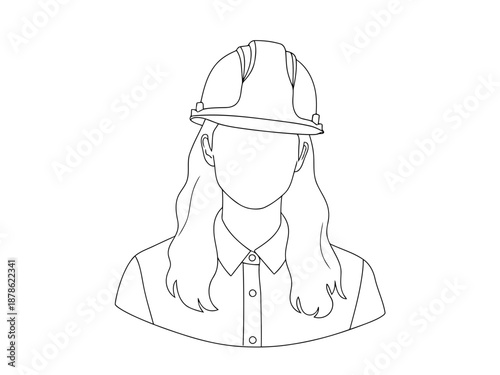 Line drawing of a woman wearing a hard hat and collared shirt