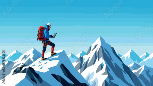 Climber with laptop on mountain peak with snowy background in flat design