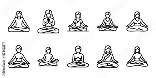 Party celebration yoga retreat line art icon set. Minimalist Holiday line art vector icons collection