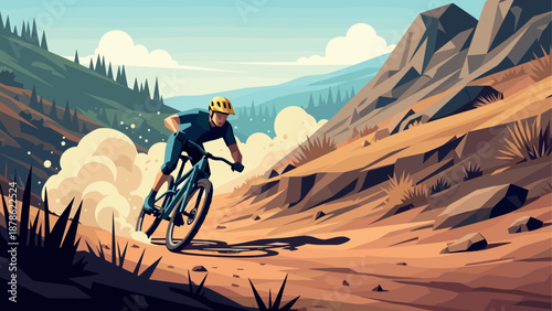 Mountain biker riding downhill trail in dynamic landscape art