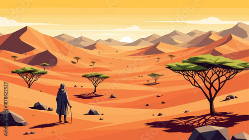 Serene desert landscape with lone traveler and acacia trees at sunset