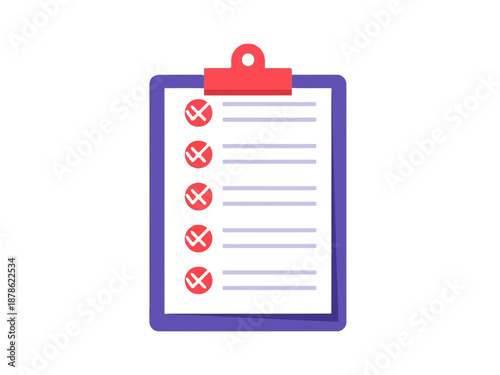 A blue and red clipboard with checklist and crossed items