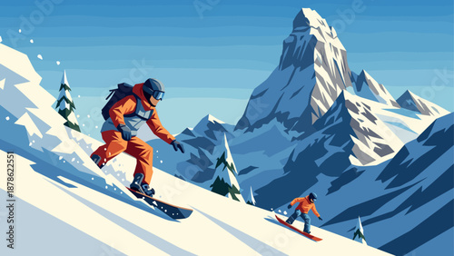 Alpine snowboarding adventure with scenic mountain view and winter sport enthusiasts