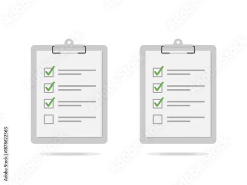 Two gray clipboards with checklists and checked items