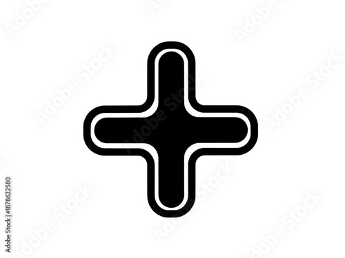 Black and white plus sign icon with white outline