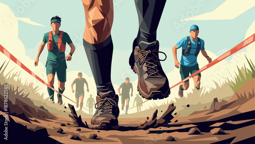 Trail running marathon in abstract geometric style with athletic runners in dynamic motion