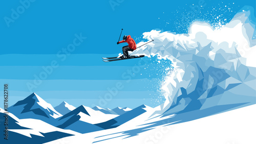 Dynamic ski jumper in low poly style amidst snowy mountains