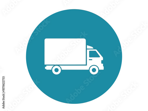 A white delivery truck on a blue circle icon for logistics or transportation