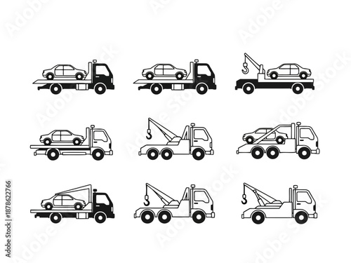 Collection of various tow trucks with cars on flatbeds in different positions