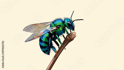 Colorful geometric insect on branch with low poly art style