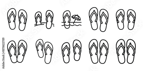 Party celebration beach flip flops line art icon set. Minimalist Holiday line art vector icons collection