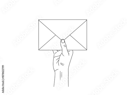 A hand holding an envelope in a simple line drawing style