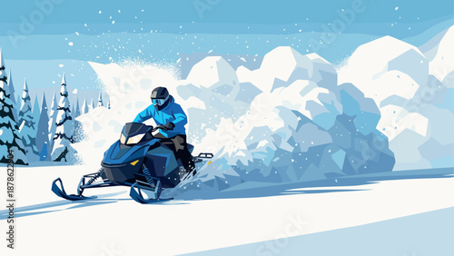 Dynamic snowmobile adventure in winter landscape with snowy trees in geometric style