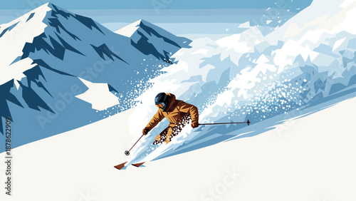 Dynamic skiing adventure in the snow-capped mountains with geometric style