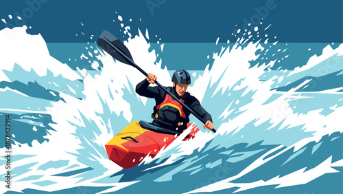 Dynamic kayaker navigating powerful ocean waves in vibrant style