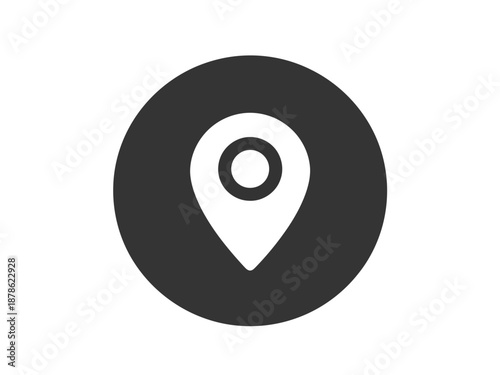 A black and white icon of a location pin in a circle