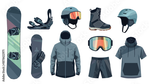 Modern snowboarding equipment set featuring gear and clothing essentials in flat design